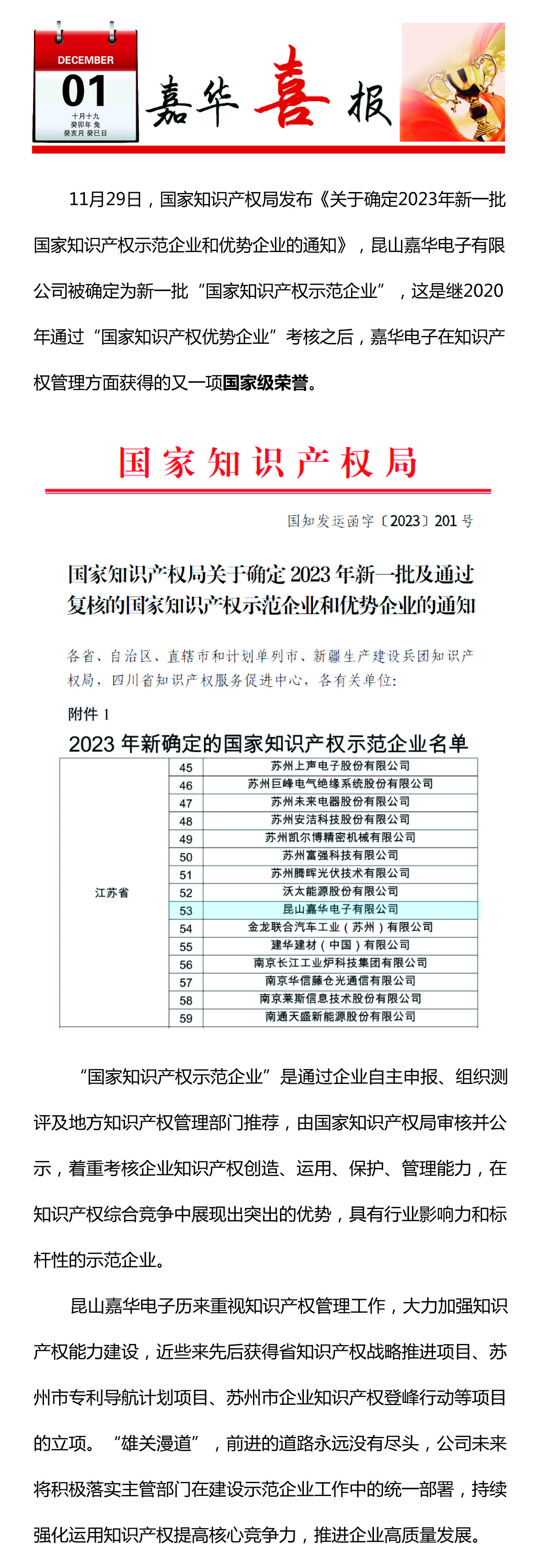 昆山嘉華電子有限公司榮獲國家知識產(chǎn)權示范企業(yè)確定